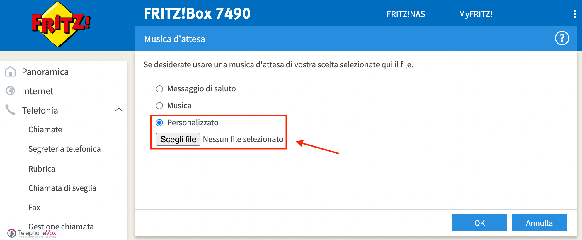 Seleziona la voce “Personalizzato” quindi “Scegli File”. Si aprirà una finestra di sistema 
dalle quale scegliere il file e caricarlo.